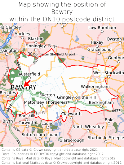 Map showing location of Bawtry within DN10