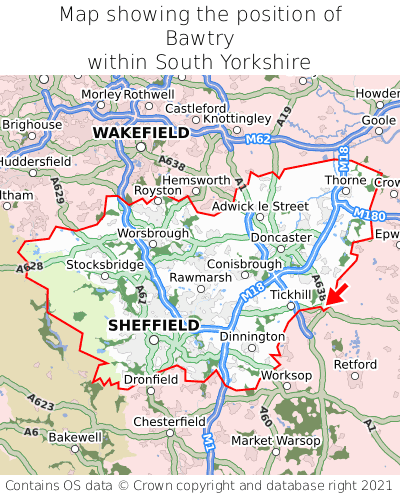 Map showing location of Bawtry within South Yorkshire