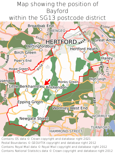 Map showing location of Bayford within SG13