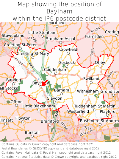 Map showing location of Baylham within IP6