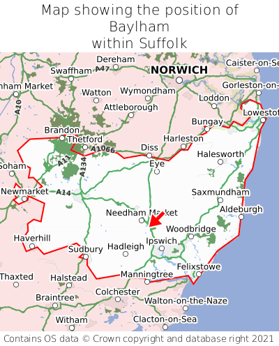 Map showing location of Baylham within Suffolk
