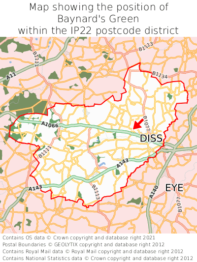 Map showing location of Baynard's Green within IP22