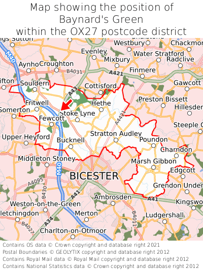 Map showing location of Baynard's Green within OX27