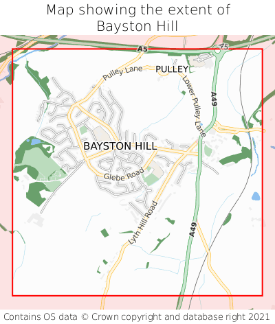 Map showing extent of Bayston Hill as bounding box
