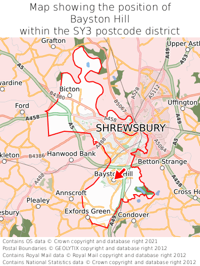 Map showing location of Bayston Hill within SY3