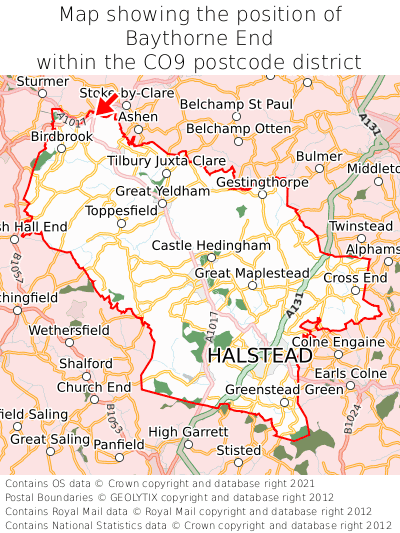 Map showing location of Baythorne End within CO9