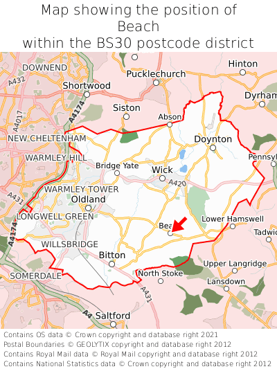 Map showing location of Beach within BS30