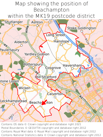 Map showing location of Beachampton within MK19