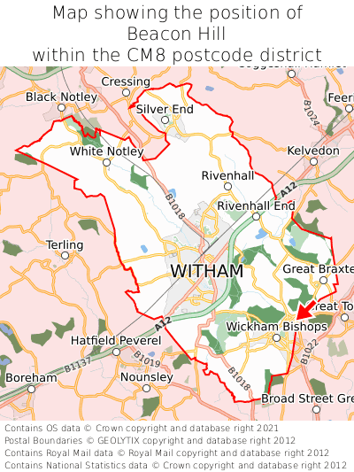 Map showing location of Beacon Hill within CM8