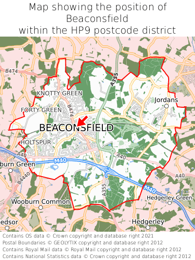 Map showing location of Beaconsfield within HP9