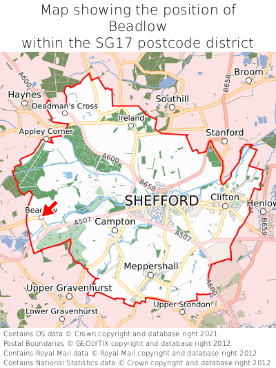 Map showing location of Beadlow within SG17