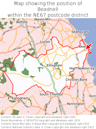 Map showing location of Beadnell within NE67