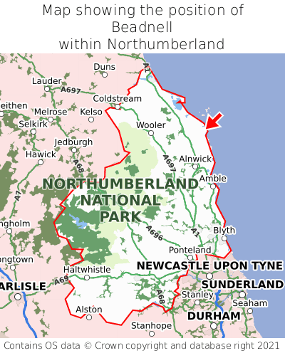 Map showing location of Beadnell within Northumberland