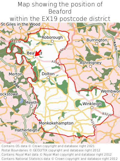 Map showing location of Beaford within EX19