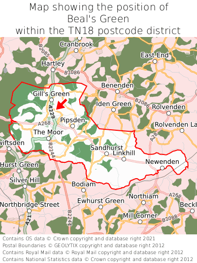 Map showing location of Beal's Green within TN18