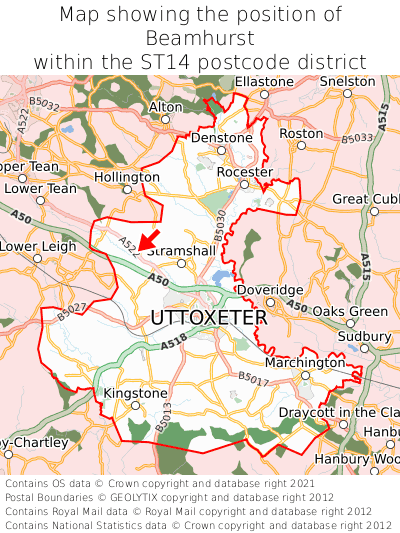 Map showing location of Beamhurst within ST14