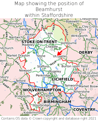 Map showing location of Beamhurst within Staffordshire