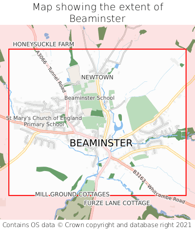 Map showing extent of Beaminster as bounding box
