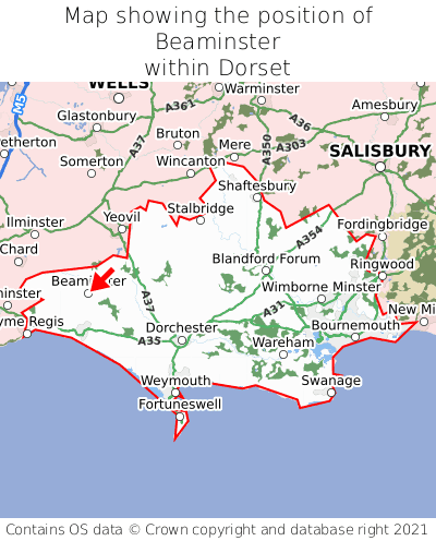 Map showing location of Beaminster within Dorset