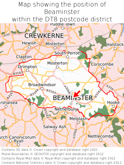 Map showing location of Beaminster within DT8