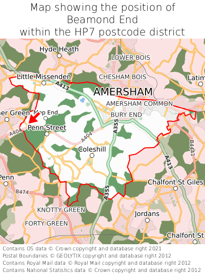 Map showing location of Beamond End within HP7