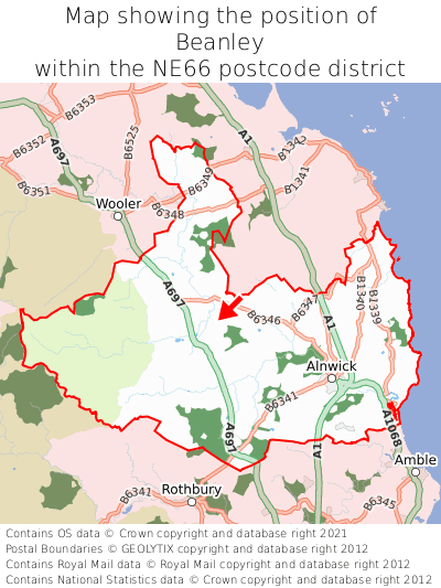 Map showing location of Beanley within NE66