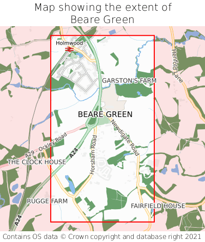 Map showing extent of Beare Green as bounding box