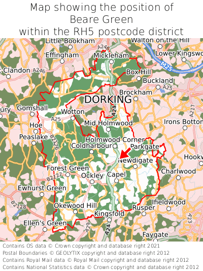 Map showing location of Beare Green within RH5