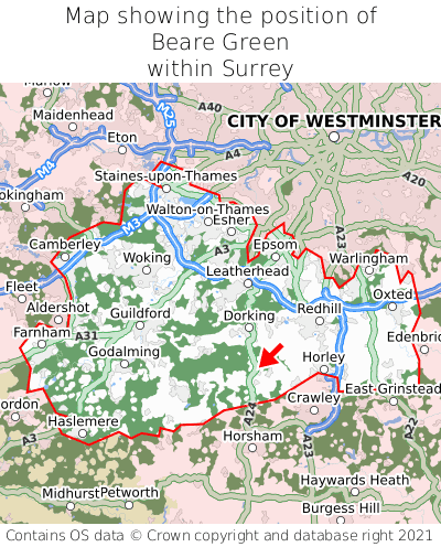 Map showing location of Beare Green within Surrey