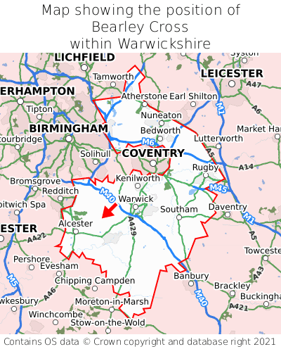 Map showing location of Bearley Cross within Warwickshire