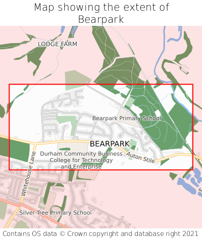 Map showing extent of Bearpark as bounding box