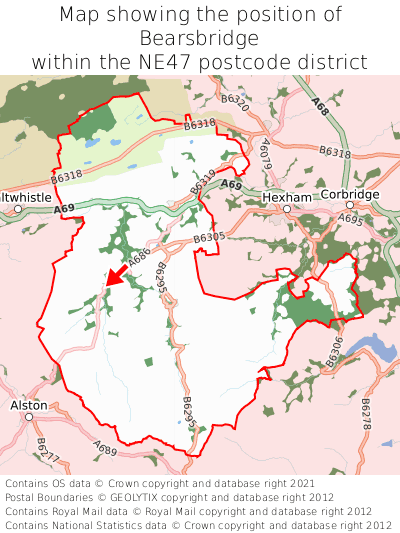 Map showing location of Bearsbridge within NE47