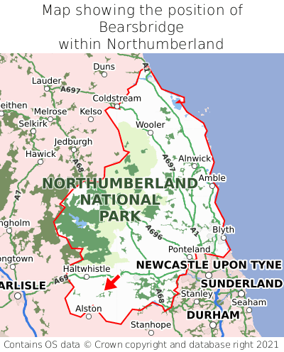 Map showing location of Bearsbridge within Northumberland
