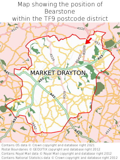 Map showing location of Bearstone within TF9