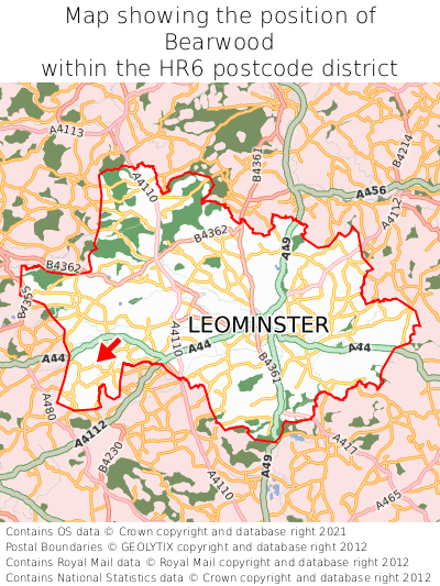 Map showing location of Bearwood within HR6