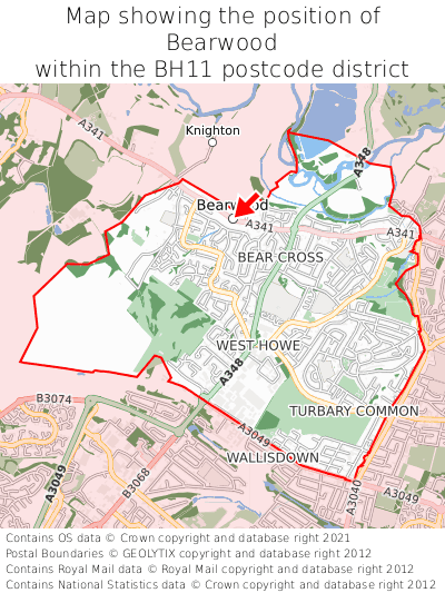 Map showing location of Bearwood within BH11