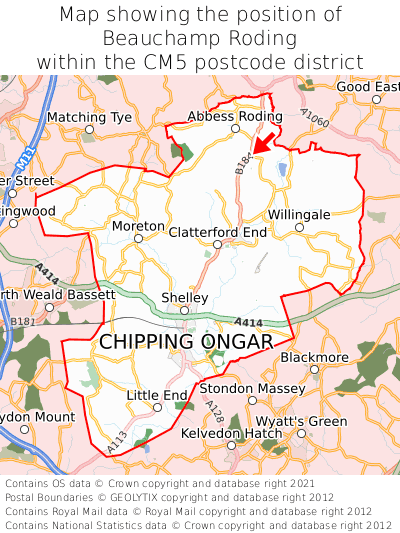 Map showing location of Beauchamp Roding within CM5