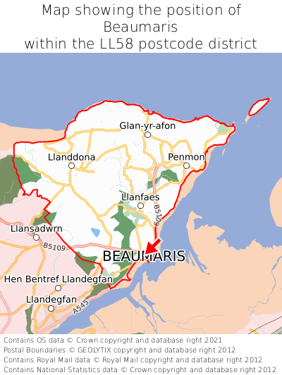 Map showing location of Beaumaris within LL58