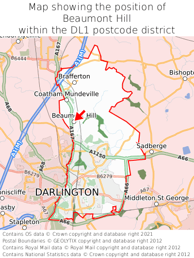 Map showing location of Beaumont Hill within DL1