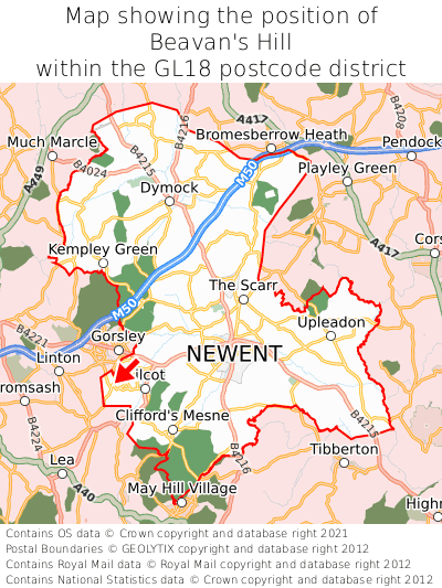Map showing location of Beavan's Hill within GL18