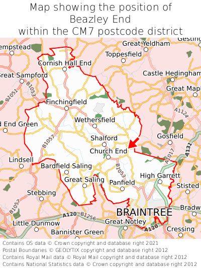 Map showing location of Beazley End within CM7