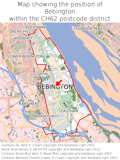 Map showing location of Bebington within CH62