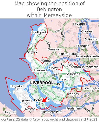 Map showing location of Bebington within Merseyside