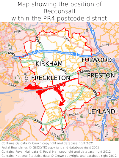 Map showing location of Becconsall within PR4