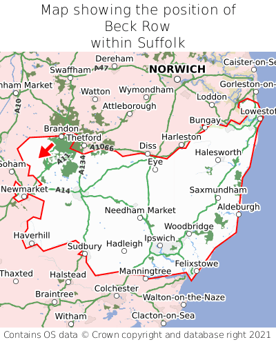 Map showing location of Beck Row within Suffolk