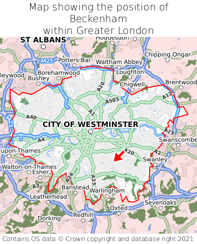 Map showing location of Beckenham within Greater London