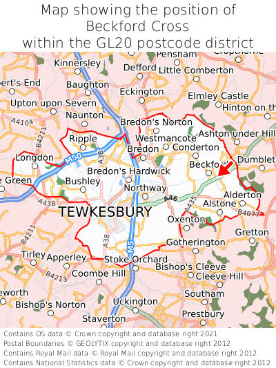 Map showing location of Beckford Cross within GL20