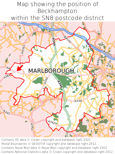 Map showing location of Beckhampton within SN8