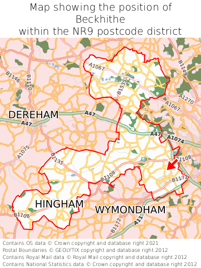 Map showing location of Beckhithe within NR9
