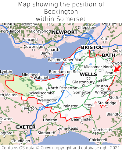 Map showing location of Beckington within Somerset